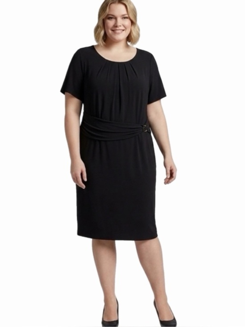 ELLEN TRACY black stretch jersey dress w/waist-belt & gold buckle. Size 20W. EUC